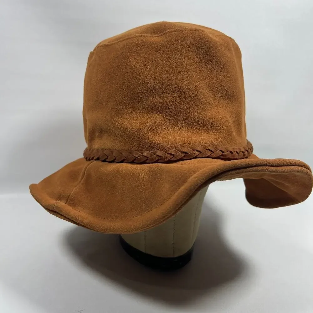 FREE PEOPLE Hat OS Tennessee Suede Leather Floppy Bucket Cap Braided Band Brown